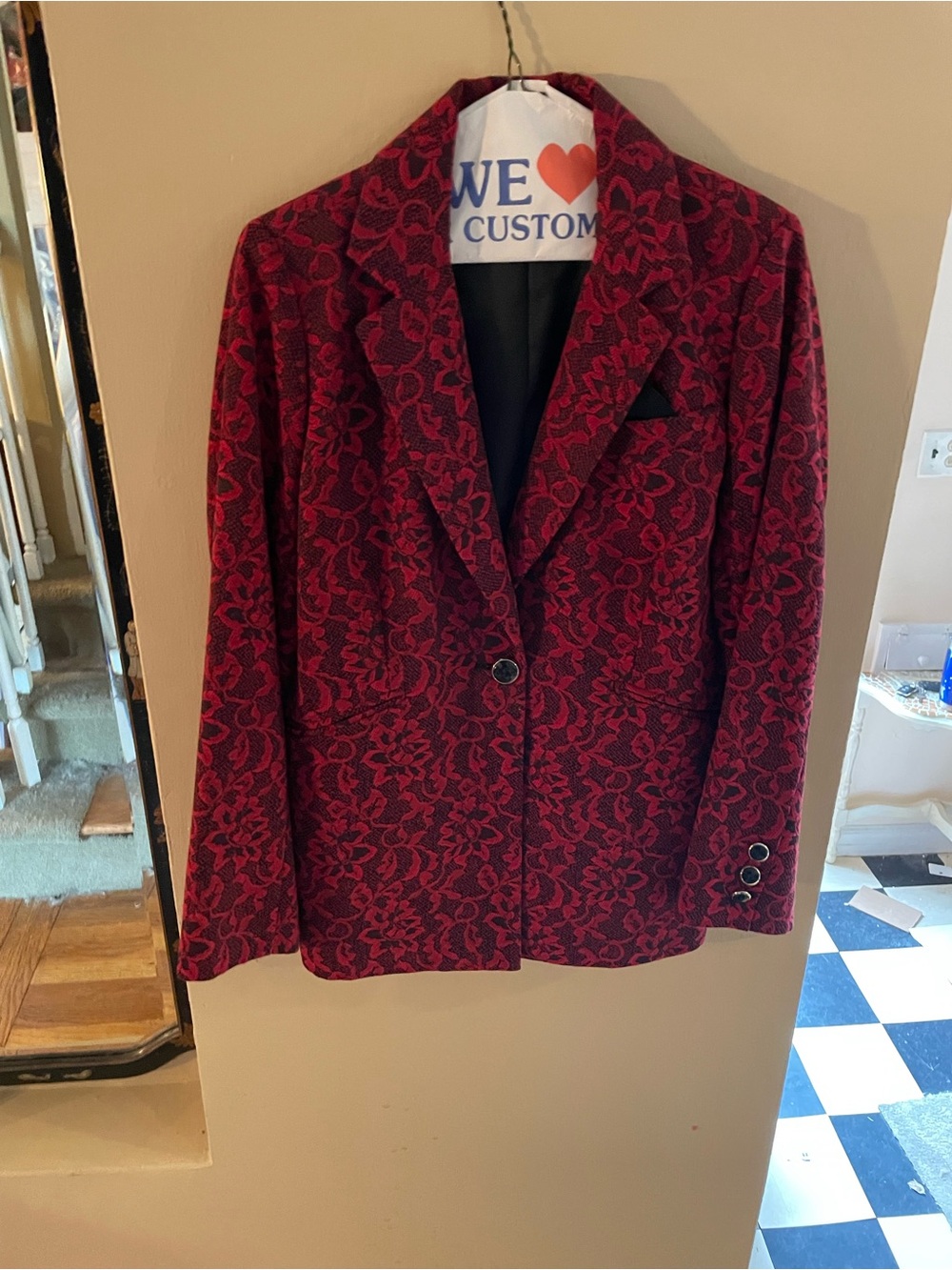 Simonton says by George Simonton Women's Red Floral Lace Pattern Blazer